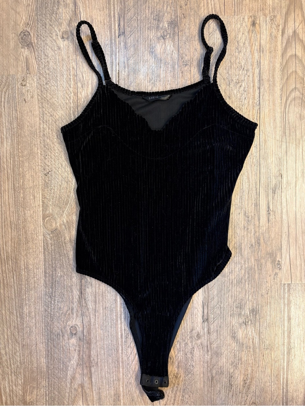SHEIN Black Velvet Ribbed Bodysuit with Adjustable Straps